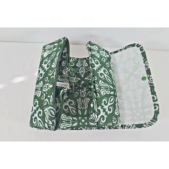 Sachi Foldable Insulated Market Tote Zippered Shopper Bag Green BoHo Print Snap - Picture 5 of 7